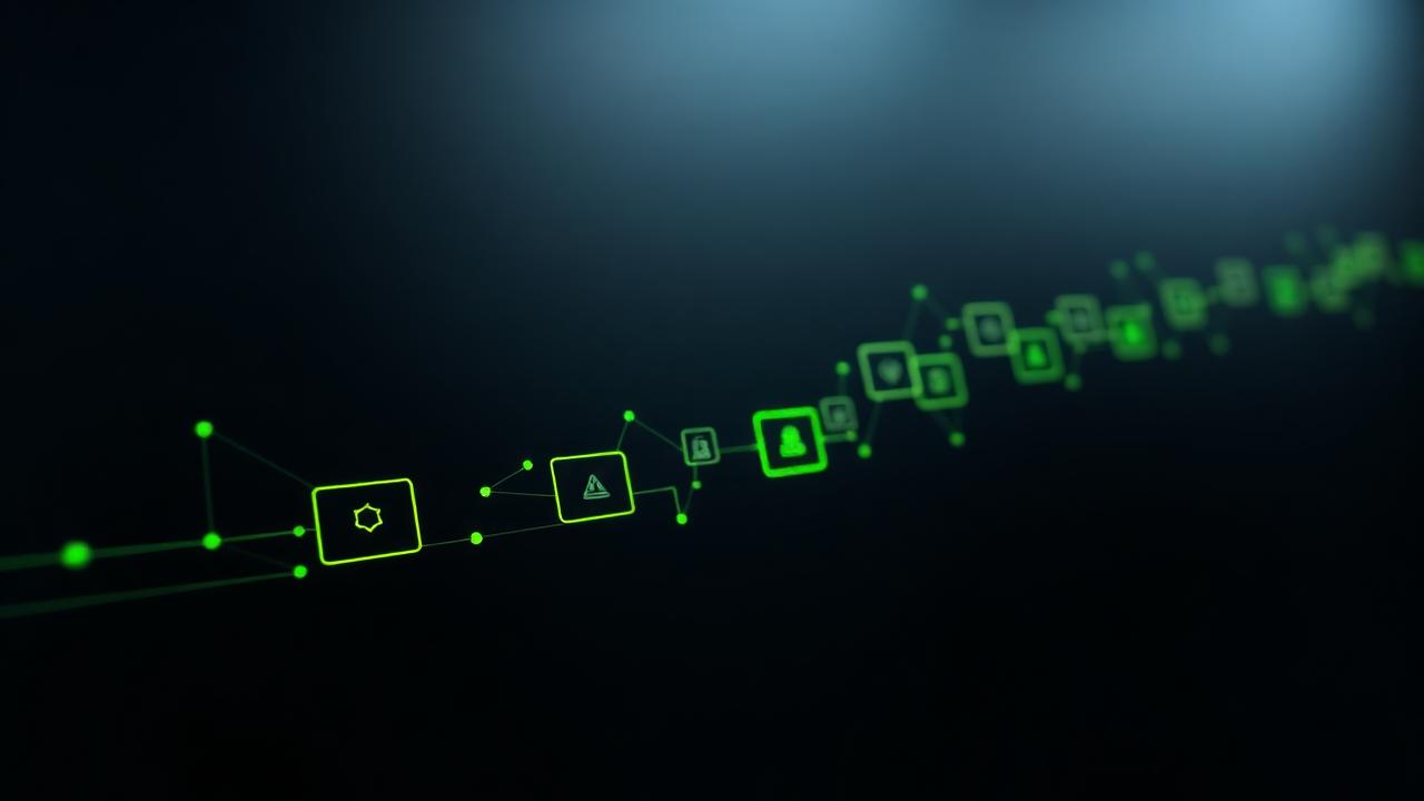 Abstract pipeline of connected nodes flowing across a dark surface
